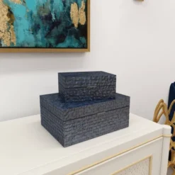 Set Of 2 Ceramic Vase With Star Patterns Dark Blue - Olivia & May -Olivia & May GUEST b37c2760 c3d2 4749 a964 48a24017e107