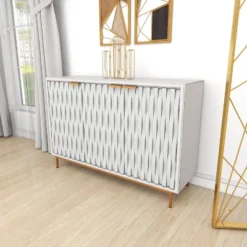 Contemporary Carved Woven Pattern Wood 3 Door Cabinet White - Olivia & May -Olivia & May GUEST b494b5ec 7580 458b a83b ac1e35884ba9