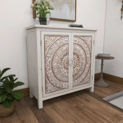 Rustic Wooden Cabinet With Carved Medallion Design Beige - Olivia & May -Olivia & May GUEST b584e4a8 b983 4d0c bbba 701382e17926