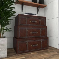 Traditional Faux Leather And Wood Chest Brown - Olivia & May -Olivia & May GUEST b9b78aa7 ed15 4246 bd5b 06864fa4284b