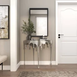 Olivia & May Aluminum Drip Console Table With Melting Designed Legs And Shaded Glass Top -Olivia & May GUEST b9c1df23 7c07 409d a151 0131dadeffdc