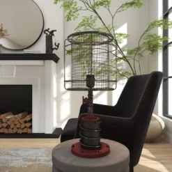 10" X 21" Industrial Accent Lamp With Iron Wire Cage Shade Red/Black - Olivia & May -Olivia & May GUEST b9c3ab70 78be 467d 9e36 384650e7329a