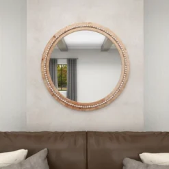 Wood Beaded Frame Wall Mirror With Distressing Light Brown - Olivia & May -Olivia & May GUEST ba531e69 71b4 4d82 abdb 3404021066cb