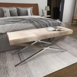 Contemporary Stainless Steel Cowhide X-Bench Beige - Olivia & May -Olivia & May GUEST ba793b5d 130b 45ec b9f6 f5aa28bcba53