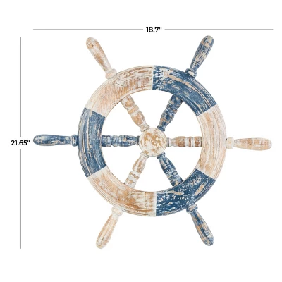 Olivia & May 22"x19" Wood Ship Wheel Distressed Two-Toned Wall Decor With Brown Accents Blue: Nautical Theme, Horizontal Orientation 9 Olivia & May 22"x19" Wood Ship Wheel Distressed Two-Toned Wall Decor With Brown Accents Blue: Nautical Theme, Horizontal Orientation - Image 7