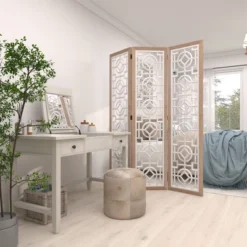 Farmhouse Wood Patterned Room Divider Screen White - Olivia & May -Olivia & May GUEST be993a40 148e 4c72 8fc9 7e5c149827f6