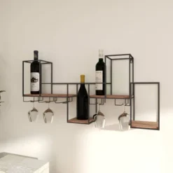 Metal Geometric 7 Bottle Wall Wine Rack With 5 Glass Holder Slots Black - Olivia & May -Olivia & May GUEST bf0a69be f16e 4ff0 839d 429bb774de09