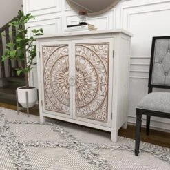 Rustic Wooden Cabinet With Carved Medallion Design Beige - Olivia & May -Olivia & May GUEST c344aff5 4f01 4096 b5ff f11c0ac055dd