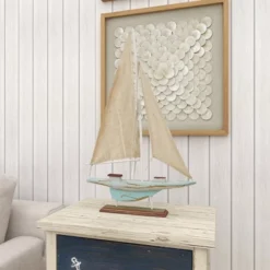 22" X 14" Decorative Coastal Pine Wood And Linen Sailing Boat Sculpture - Olivia & May -Olivia & May GUEST c7f82b04 1300 407a ab6f dcfe7a54b002