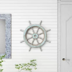 Wood Sail Boat Ship Wheel Wall Decor With Distressing Blue - Olivia & May -Olivia & May GUEST c87de00d 5f5b 41c8 acc3 eda79e1e802c
