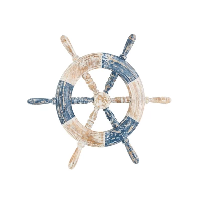 Olivia & May 22"x19" Wood Ship Wheel Distressed Two-Toned Wall Decor With Brown Accents Blue: Nautical Theme, Horizontal Orientation 6 Olivia & May 22"x19" Wood Ship Wheel Distressed Two-Toned Wall Decor With Brown Accents Blue: Nautical Theme, Horizontal Orientation - Image 4