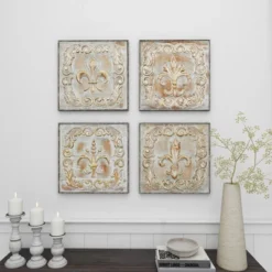 Metal Fleur De Lis Embossed Wall Decor Set Of 4 Brass - Olivia & May -Olivia & May GUEST d168fa65 4989 4c6e aa34 f6f25144e0ff