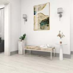 Contemporary Stainless Steel Rectangular Cowhide Bench - Olivia & May -Olivia & May GUEST d1c9739b 3f78 4045 b273 b2ed9991c89e