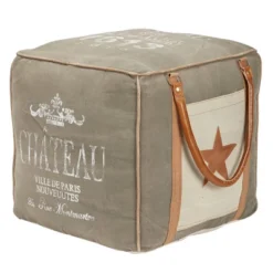 Canvas Pouf With Faux Leather Detail Gray - Olivia & May