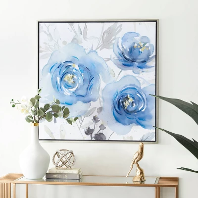 Canvas Floral Framed Wall Art With Silver Frame Blue - Olivia & May 3 Canvas Floral Framed Wall Art With Silver Frame Blue - Olivia & May