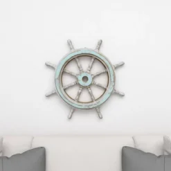 Wood Sail Boat Ship Wheel Wall Decor With Distressing Blue - Olivia & May -Olivia & May GUEST d532d151 ac39 42d5 b761 46e03ba86868