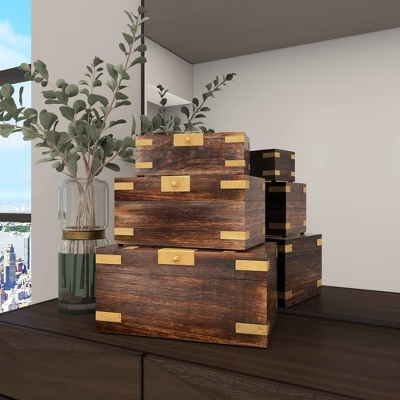 Set Of 3 Traditional Brass Inlaid Wooden Boxes - Olivia & May 14 Set Of 3 Traditional Brass Inlaid Wooden Boxes - Olivia & May - Image 12