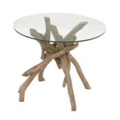Log And Glass Round Accent Table Tan - Olivia & May -Olivia & May GUEST da4a4b00 ec58 4f99 9d09 460ddd5fe5bb