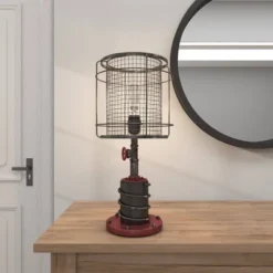 10" X 21" Industrial Accent Lamp With Iron Wire Cage Shade Red/Black - Olivia & May -Olivia & May GUEST db700367 7252 4f03 b899 767a0d8257d3