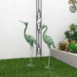 Set Of 2 Iron 47" Coastal Crane Garden Sculpture Green - Olivia & May: Heron Figure, Metal Wire Outdoor Decor -Olivia & May GUEST db86c791 529b 49f7 897c ad05a82da519