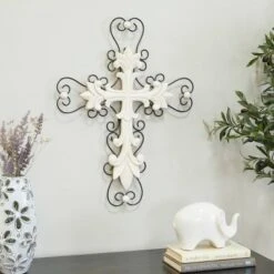 Wood Biblical Carved Cross Wall Decor With Metal Scrollwork - Olivia & May -Olivia & May GUEST de921a98 d98e 47a9 8f76 b133c109967e