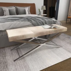 Contemporary Stainless Steel Cowhide X-Bench Beige - Olivia & May -Olivia & May GUEST e165736c 85bb 4188 b73b bea52e7a8e86