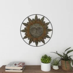 Metal Sunburst Indoor Outdoor Wall Decor With Distressed Copper Like Finish Brown - Olivia & May -Olivia & May GUEST e1f2ac1d 5e97 4a5c 87f2 d15625bbe4bf