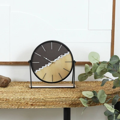 9"x9" Wooden Geometric Clock With Brown Wood Accents Black - Olivia & May: Silent, Modern Design, MDF Material 4 9"x9" Wooden Geometric Clock With Brown Wood Accents Black - Olivia & May: Silent, Modern Design, MDF Material - Image 2