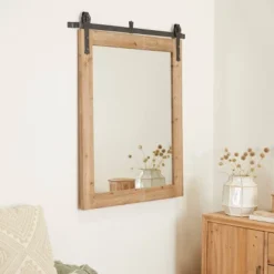 41" X 37" Wood Wall Mirror With Metal Hanging Rod Brown - Olivia & May