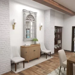 Wood Window Panes Inspired Wall Mirror With Arched Top And Distressing Cream - Olivia & May -Olivia & May GUEST e4731737 b680 42a6 944e 13ae00a053e3