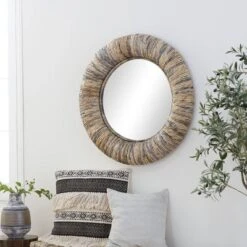 Coastal Teak Wood Wall Mirror With Coiled Frame Gray - Olivia & May
