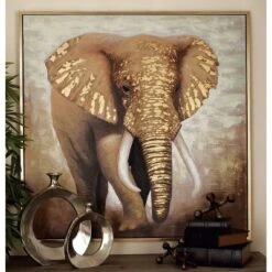 Traditional Canvas Elephant Framed Wall Art With Gold Frame Brown - Olivia & May