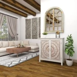 Rustic Wooden Cabinet With Carved Medallion Design Beige - Olivia & May -Olivia & May GUEST eacf7405 8b84 4fe1 84df 41fae8d17be2