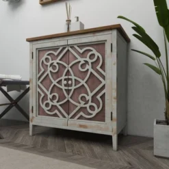 Natural Wood Cabinet With Trellis Doors Light Brown - Olivia & May -Olivia & May GUEST ec3f673c af93 4187 b357 1a62bb2cc914