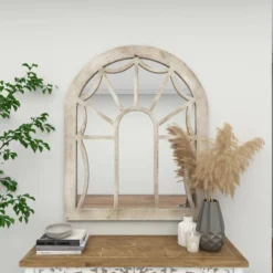 Wood Window Pane Inspired Wall Mirror With Arched Top Cream - Olivia & May -Olivia & May GUEST edfe6dda 8041 4fb4 a691 8c0d2f6dc3d7