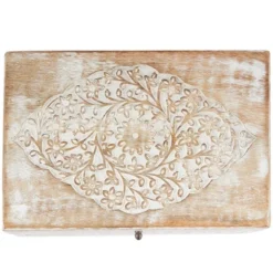 Set Of 3 Natural Mango Wood Whitewashed Carved Design Boxes With Lid - Olivia & May -Olivia & May GUEST ee3f0309 d1ec 4e22 908a f980679cea31