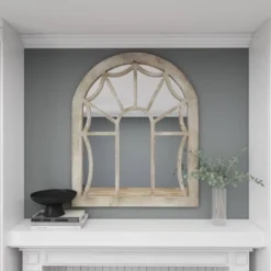 Wood Window Pane Inspired Wall Mirror With Arched Top Cream - Olivia & May -Olivia & May GUEST ee7a667b 5f47 46e6 b917 4bd437ac2cda