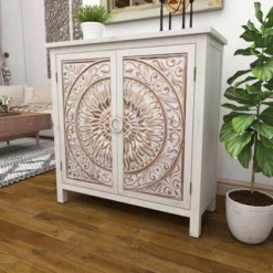 Rustic Wooden Cabinet With Carved Medallion Design Beige - Olivia & May -Olivia & May GUEST f185a8ed 4f66 4308 97bf e98d6f982b1f