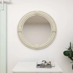 Coastal Wood Wall Mirror With Wrapped Rope Accents White - Olivia & May -Olivia & May GUEST f310a037 632f 45d1 a3eb 046c5169cc5f