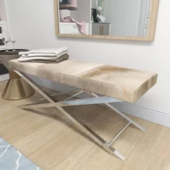 Contemporary Stainless Steel Cowhide X-Bench Beige - Olivia & May -Olivia & May GUEST f380cae9 a404 4c7c 9b93 e15238cf09a4