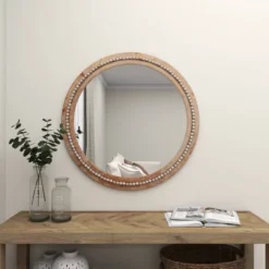 Wood Beaded Frame Wall Mirror With Distressing Light Brown - Olivia & May -Olivia & May GUEST f5ad7d22 a8ff 4feb a6c8 68e6b37e80e8