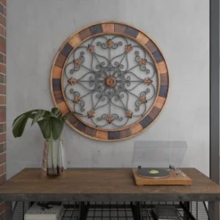 Wood Scroll Arabesque Wall Decor With Metal Fleur De Lis Relief Brown - Olivia & May -Olivia & May GUEST f62df102 7818 4a8b 8a93 afcbf150eb65