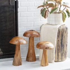Set Of 3 Teak Wood Mushroom Handmade Live Edge Sculpture With Natural Smooth Finish Brown - Olivia & May
