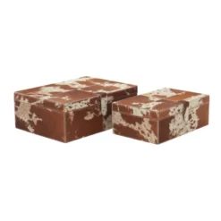 Set Of 2 Cowhide Leather Decorative Boxes Brown/White - Olivia & May -Olivia & May GUEST f6edfe60 e1eb 43bb bb6d d44dca9f034d
