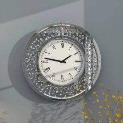20"x20" Glass Mirrored Wall Clock With Floating Crystals White - Olivia & May: Silent, Round, Glam Style -Olivia & May GUEST f7b4340a 8f2d 47a6 a1ce 5396e2301046