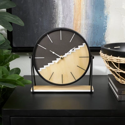 9"x9" Wooden Geometric Clock With Brown Wood Accents Black - Olivia & May: Silent, Modern Design, MDF Material 3 9"x9" Wooden Geometric Clock With Brown Wood Accents Black - Olivia & May: Silent, Modern Design, MDF Material