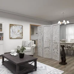 Farmhouse Wood Carved Room Divider Screen White - Olivia & May -Olivia & May GUEST f9e89447 8e4b 4b11 b440 dfb3ecc89e21
