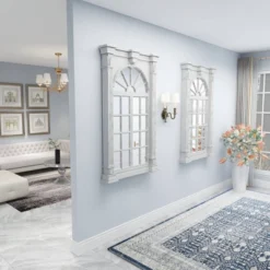 Wood Window Panes Inspired Wall Mirror With Arched Top And Distressing Cream - Olivia & May -Olivia & May GUEST fe062911 27f0 40a2 ac41 61cb5e979e57