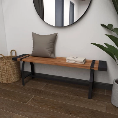 Industrial Metal And Brown Wood Bench Brown - Olivia & May 14 Industrial Metal And Brown Wood Bench Brown - Olivia & May - Image 12